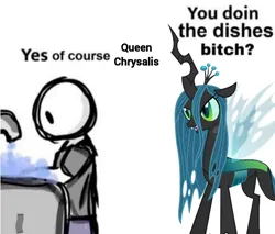 Size: 720x613 | Tagged: safe, derpibooru import, queen chrysalis, changeling, changeling queen, human, g4, dishes, female, human male, image, male, meme, png, sink