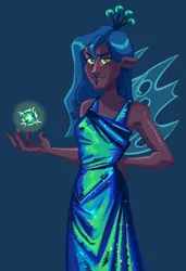 Size: 1094x1602 | Tagged: safe, artist:irisikiki, derpibooru import, queen chrysalis, human, g4, arm behind back, blackwashing, blue background, clothes, dark blue background, dark skin, dress, elf ears, female, humanized, image, jpeg, magic, simple background, solo, winged humanization, wings