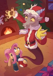 Size: 1772x2528 | Tagged: safe, artist:skysorbett, derpibooru import, discord, fluttershy, draconequus, pegasus, pony, g4, carpet, christmas, christmas stocking, christmas tree, clothes, costume, cozy, discord being discord, duo, duo male and female, female, fireplace, hat, high angle, holiday, hoof hold, image, indoors, looking up, male, mare, png, present, santa costume, santa hat, surprised, sweater, tree, winter