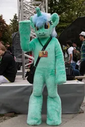 Size: 1667x2500 | Tagged: safe, derpibooru import, lyra heartstrings, human, g4, 2015, fursuit, galacon, image, irl, irl human, jpeg, outdoors, photo, ponysuit, solo focus, waving