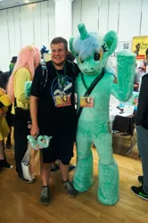 Size: 3264x4912 | Tagged: safe, derpibooru import, lyra heartstrings, human, g4, 2015, duo focus, fursuit, galacon, image, indoors, irl, irl human, jpeg, photo, ponysuit, waving