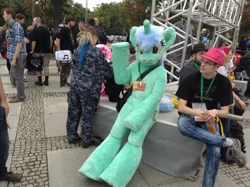 Size: 1296x968 | Tagged: safe, derpibooru import, lyra heartstrings, human, g4, 2015, fursuit, galacon, group, image, irl, irl human, jpeg, outdoors, photo, ponysuit, sitting, waving