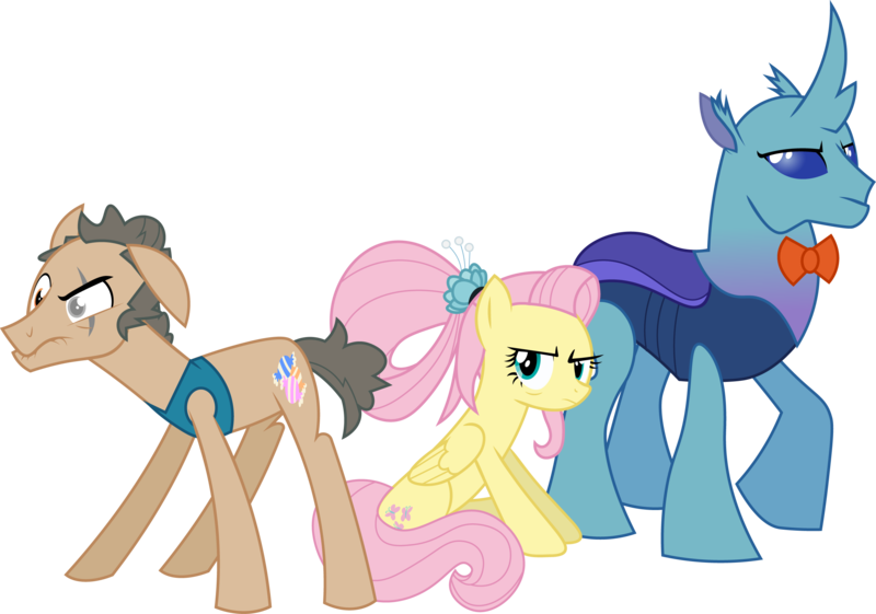 Size: 2602x1825 | Tagged: safe, artist:prixy05, derpibooru import, fluttershy, oc, oc:butch, oc:saltwater taffy, changedling, changeling, earth pony, pegasus, pony, g4, bodyguard, female, image, male, mare, older, older fluttershy, png, simple background, stallion, transparent background, vector