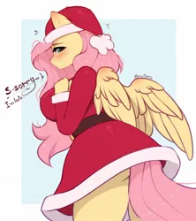 Size: 1500x1693 | Tagged: safe, artist:alphadesu, derpibooru import, fluttershy, anthro, pegasus, g4, ass, big breasts, blushing, breasts, busty fluttershy, butt, christmas, christmas 2024, emanata, embarrassed, female, flutterbutt, hat, holiday, image, jpeg, passepartout, plewds, santa dress, santa hat, sideboob