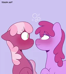 Size: 1828x2048 | Tagged: safe, artist:eltrash_art6, derpibooru import, berry punch, berryshine, cheerilee, earth pony, pony, blushing, drunk, duo, duo female, female, image, jpeg, lesbian, looking at each other, looking at someone, mare, purple background, ship:berrilee, shipping, simple background