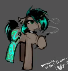 Size: 1591x1676 | Tagged: safe, artist:madragon, derpibooru import, oc, oc:coffee bean, pony, unicorn, 2017, brush, choker, cigarette, ear piercing, female, glowing tattoos, gray background, horn, image, mare, piercing, png, simple background, smoke, smoking, solo