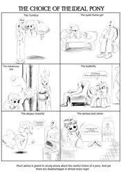 Size: 3975x5686 | Tagged: safe, artist:lillslim, derpibooru import, applejack, fluttershy, pinkie pie, rainbow dash, rarity, spike, twilight sparkle, oc, oc:anon, alicorn, earth pony, human, pegasus, pony, unicorn, g4, comic, crosshatch, dialogue, drawthread, furniture, horn, image, lineart, mane six, monochrome, png, requested art