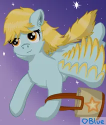 Size: 1900x2240 | Tagged: safe, artist:💎blue, derpibooru import, oc, unofficial characters only, pegasus, pony, bag, blonde, colored wings, female, flying, handbag, image, mare, night, png, simple background, simple shading, solo, stars, subtitles, two toned wings, wings