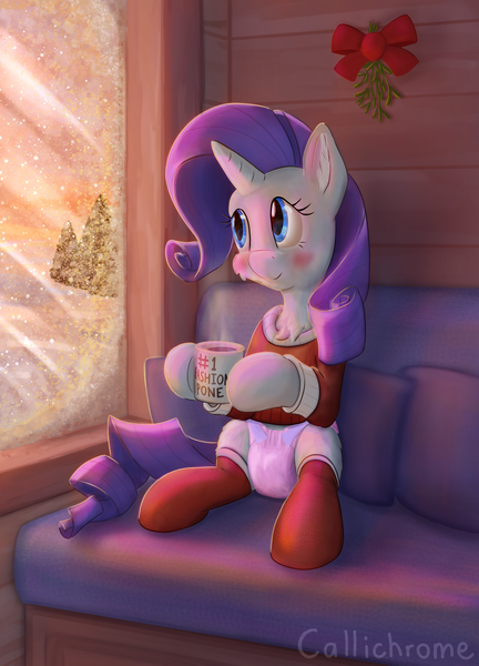 Size: 2160x3000 | Tagged: questionable, alternate version, artist:callichrome, derpibooru import, rarity, pony, unicorn, g4, blushing, chocolate, christmas, clothes, cozy, cute, diaper, diaper fetish, diapered, female, fetish, food, hearth's warming, holiday, horn, hot chocolate, image, indoors, non-baby in diaper, png, raribetes, signature, snow, socks, solo, stockings, sunset, thigh highs