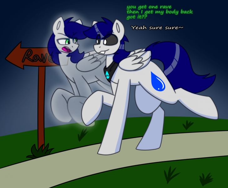 Size: 2116x1741 | Tagged: safe, artist:askhypnoswirl, derpibooru import, oc, oc:waterpony, unofficial characters only, ghost, ghost pony, pegasus, pony, undead, bandana, commission, dialogue, duo, duo male, image, male, pegasus oc, png, road sign, spirit, walking, wings