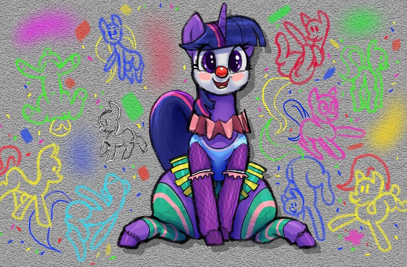 Size: 1333x874 | Tagged: safe, artist:parumpi, derpibooru import, oc, oc:twi clown, pony, unicorn, clothes, clown, clown makeup, clown nose, colored, female, fishnet clothing, fishnets, graffiti, horn, image, jpeg, looking at you, red nose, skirt, smiling, socks, solo, stockings, thigh highs, thighs, thunder thighs