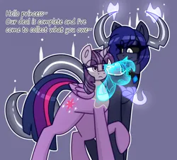 Size: 2022x1822 | Tagged: suggestive, artist:askhypnoswirl, derpibooru import, twilight sparkle, twilight sparkle (alicorn), oc, oc:decora, oc:meer, alicorn, demon, demon pony, original species, g4, commission, dialogue, duo, eyelashes, eyeshadow, horns, image, lidded eyes, makeup, png, soul, soul stealing