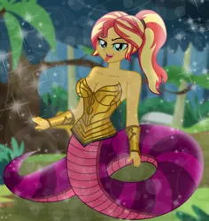 Size: 8484x9000 | Tagged: safe, artist:emeraldblast63, derpibooru import, sunset shimmer, mermaid, equestria girls, g4, blurry background, bracelet, breasts, cleavage, collarbone, commission, image, jewelry, looking at you, png, ponytail, solo, tongue out, tree