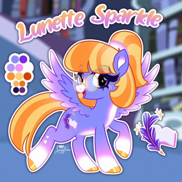 Size: 2000x2000 | Tagged: safe, artist:lovinglypromise, derpibooru import, oc, oc:lunette sparkle, unofficial characters only, pegasus, pony, bookshelf, female, glasses, image, mare, png, reference sheet, solo