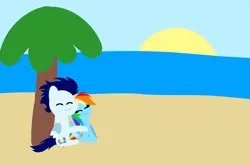 Size: 1935x1285 | Tagged: safe, anonymous artist, derpibooru import, rainbow dash, soarin', pegasus, pony, series:soarindash honeymoon, series:soarindash romantic tales, g4, beach, cute, dashabetes, derpibooru exclusive, female, heartwarming, image, male, mare, palm tree, png, pointy ponies, primal instinct, rainbow dash is best pony, shipping, sitting, smiling, soarinbetes, soarindash, stallion, straight, tree