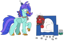 Size: 3138x2010 | Tagged: safe, artist:supahdonarudo, derpibooru import, oc, oc:ironyoshi, oc:sea lilly, unofficial characters only, classical hippogriff, hippogriff, unicorn, alcohol, blanket, bottle, camera, chair, cup, hangover, hat, horn, image, jewelry, looking at each other, looking at someone, necklace, new year, noisemaker, party hat, png, simple background, transparent background, wine, wine bottle