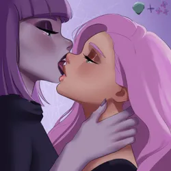 Size: 2928x2928 | Tagged: suggestive, artist:xilene, derpibooru import, fluttershy, maud pie, human, g4, duo, duo female, female, humanized, image, kissing, lesbian, maudshy, open mouth, png, shipping