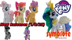 Size: 2266x1275 | Tagged: safe, derpibooru import, apple bloom, octavia melody, princess celestia, scootaloo, spike, sweetie belle, alicorn, earth pony, pegasus, pony, unicorn, g4, female, filly, foal, horn, image, jpeg, plushie, symbiote studios, thumbnail