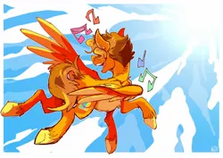 Size: 1280x904 | Tagged: safe, artist:hallowraith, derpibooru import, oc, oc:carmine garnet, unofficial characters only, pegasus, brown mane, cloud, flying, image, jpeg, large wings, music notes, orange fur, ponysona, solo, wings