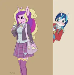 Size: 2123x2160 | Tagged: safe, artist:yumir, derpibooru import, princess cadance, shining armor, alicorn, anthro, pony, g4, clothes, duo male and female, image, jpeg, love, pretty, school uniform, teen princess cadance, teenage shining armor, uniform