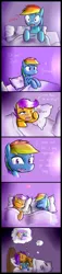 Size: 840x3690 | Tagged: safe, artist:starykrow, derpibooru import, rainbow dash, scootaloo, pegasus, ask the cmc, g4, bed, blushing, doll, dream, heart, image, pillow, png, toy