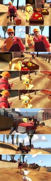 Size: 1000x3500 | Tagged: safe, artist:geronkizan, derpibooru import, applejack, derpy hooves, g4, 2fort, 3d, apple, crossover, demoman (tf2), engineer (tf2), food, gmod, image, jpeg, sticky bomb, team fortress 2, truck