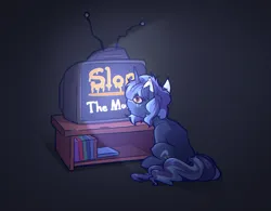 Size: 4160x3240 | Tagged: safe, artist:witchtaunter, derpibooru import, oc, oc:witching hour, pony, unicorn, faic, horn, image, male, png, rear view, simple background, sitting, stallion, television