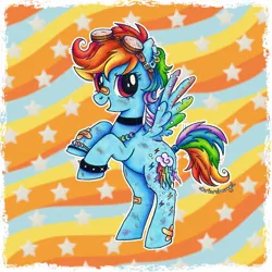 Size: 1460x1460 | Tagged: safe, artist:dariarchangel, derpibooru import, rainbow dash, pegasus, pony, g4, 3d cutie mark, :d, alternate cutie mark, alternate design, alternate hairstyle, band-aid on nose, bandage, bandaged wing, bandaid, bipedal, blue coat, bracelet, choker, chokerdash, cute, dashabetes, ear piercing, earring, female, goggles, goggles on head, image, jewelry, jpeg, mare, multicolored hair, multicolored mane, multicolored tail, necklace, open mouth, open smile, passepartout, piercing, rainbow hair, rainbow tail, raised hoof, redesign, rose eyes, scuff mark, short hair, short hair rainbow dash, short mane, short tail, smiling, solo, spiked wristband, spread wings, standing, stars, tail, torn ear, torn wings, traditional art, wings, wristband