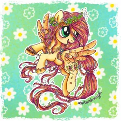 Size: 1462x1462 | Tagged: safe, artist:dariarchangel, derpibooru import, fluttershy, butterfly, insect, pony, g4, 3d cutie mark, :d, alternate cutie mark, alternate design, alternate hairstyle, beautiful, big eyes, blushing, bracelet, braid, braided tail, cute, female, floral head wreath, flower, flower in hair, flying, green eyes, image, jewelry, jpeg, leaves, long hair, long mane, long tail, looking up, mare, necklace, open mouth, open smile, passepartout, peace symbol, pink hair, pink mane, pink tail, pretty, raised hoof, redesign, shyabetes, smiling, solo, spread wings, tail, tail tie, tied tail, traditional art, wings, yellow coat