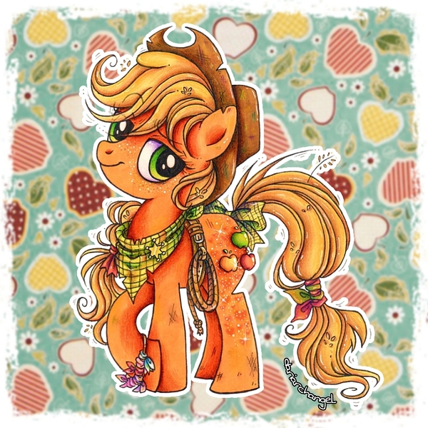 Size: 1080x1080 | Tagged: safe, artist:dariarchangel, derpibooru import, applejack, earth pony, pony, g4, 3d cutie mark, alternate cutie mark, alternate design, alternate hairstyle, apple, applejack's hat, belt, blonde, blonde hair, blonde mane, blonde tail, bow, bracelet, braid, cowboy hat, cute, female, food, freckles, green eyes, hat, image, jackabetes, jewelry, jpeg, lasso, lidded eyes, long tail, looking at you, mare, neckerchief, orange coat, passepartout, redesign, rope, scuff mark, sheriff's badge, smiling, standing, standing on three hooves, stetson, tail, tail bow, tail tie, tied hair, tied mane, tied tail, torn ear, traditional art