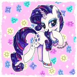 Size: 1394x1387 | Tagged: safe, artist:dariarchangel, derpibooru import, rarity, crystal pony, pony, unicorn, g4, 3d cutie mark, :d, alternate cutie mark, alternate design, beautiful, bedazzled, bejeweled, big eyelashes, blue eyes, blue eyeshadow, bracelet, crystal heart, crystal horn, crystal rarity, crystallized, cute, ear piercing, earring, eyeshadow, female, forehead gem, gem, gemstones, graceful, hoof on chin, horn, image, jewelry, jpeg, looking down, makeup, mare, necklace, open mouth, open smile, passepartout, patterned background, pearl, pearl bracelet, pearl necklace, piercing, pretty, purple hair, purple mane, purple tail, raised hoof, raribetes, redesign, smiling, solo, sparkles, standing, standing on two hooves, tail, unicorn horn, white coat