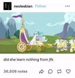 Size: 640x666 | Tagged: safe, derpibooru import, edit, edited screencap, screencap, princess celestia, g4, swarm of the century, armor, chariot, crown, helmet, hoof shoes, hub logo, image, jewelry, john f. kennedy, jpeg, logo, meme, my little pony, regalia, royal guard, the hub, this will end in death, this will end in tears, this will end in tears and/or death, tumblr