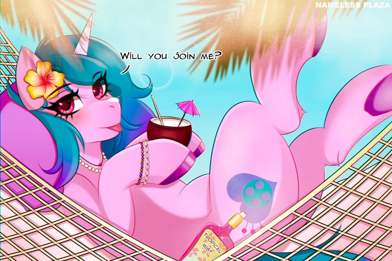 Size: 1500x1000 | Tagged: safe, artist:namelessplaza, derpibooru import, izzy moonbow, pony, unicorn, g5, blanket, blue background, blushing, bracelet, coconut, coconut cup, female, flower, flower in hair, food, glare, hammock, hawaii, hawaiian flower in hair, horn, image, jewelry, jpeg, leaf, necklace, pillow, shell, simple background, sky, solo, speech, straw, sun, talking, tongue out, umbrella