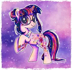 Size: 1074x1046 | Tagged: safe, artist:dariarchangel, derpibooru import, twilight sparkle, pony, unicorn, g4, 3d cutie mark, alternate cutie mark, alternate design, alternate hairstyle, bags under eyes, bangs, beads, bedazzled, bracelet, collar, crescent moon, cute, cutie mark on legs, female, glasses, hair bun, horn, image, jewelry, jpeg, long tail, mare, moon, multicolored hair, multicolored mane, multicolored tail, passepartout, planet, purple coat, purple eyes, purple smart, raised hoof, redesign, smiling, solo, space, sparkles, standing on two hooves, stars, tail, three toned hair, three toned mane, three toned tail, traditional art, twiabetes, unicorn horn, unicorn twilight