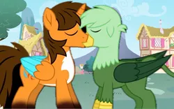 Size: 900x563 | Tagged: safe, artist:punkieprimeape1, derpibooru import, oc, oc:ej, oc:gregory griffin, gryphon, g4, gay, griffon oc, image, jpeg, kissing, male