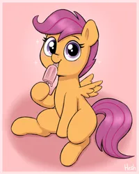 Size: 1466x1834 | Tagged: safe, artist:heretichesh, derpibooru import, scootaloo, pegasus, pony, g4, cute, cutealoo, eating, female, filly, foal, food, hoof hold, image, licking, looking at you, magnetic hooves, png, popsicle, signature, sitting, smiling, smiling at you, solo, spread wings, tongue out, wings