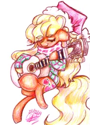 Size: 3060x4218 | Tagged: safe, artist:mannybcadavera, derpibooru import, applejack, earth pony, pony, g4, acoustic guitar, christmas, clothes, crossed legs, dexterous hooves, eyebrows, eyebrows visible through hair, eyes closed, female, floppy ears, guitar, hat, high res, holiday, image, mare, musical instrument, plaid scarf, plaid shirt, png, santa hat, scarf, shirt, simple background, smiling, solo, traditional art, watercolor painting, white background