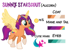 Size: 1063x752 | Tagged: dead source, safe, artist:sparklekitty06, derpibooru import, sunny starscout, alicorn, earth pony, pony, series:magic of unity, g4, g5, my little pony: a new generation, base used, caption, cutie mark, female, g5 to g4, generation leap, image, mane stripe sunny, mare, png, race swap, reference sheet, simple background, solo, sunnycorn, text, transparent background