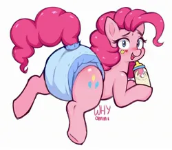 Size: 2412x2100 | Tagged: suggestive, artist:whyomnichan, derpibooru import, pinkie pie, earth pony, pony, g4, blushing, bottle, butt blush, diaper, diaper fetish, female, fetish, image, jpeg, looking at you, mare, solo, sticker