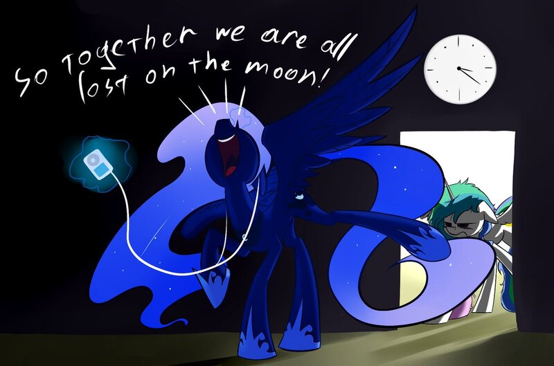 Size: 1200x793 | Tagged: safe, artist:underpable, derpibooru import, princess celestia, princess luna, alicorn, pony, g4, angry, celestia is not amused, clock, dancing, doorway, earbuds, female, grumpy, image, ipod, jpeg, lost on the moon, magic, mare, messy mane, night, singing, telekinesis, this will end in a trip to the moon, tired, unamused