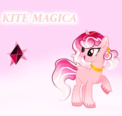 Size: 3962x3776 | Tagged: safe, derpibooru import, oc, oc:kite magica, unicorn, cutie mark, ear piercing, earring, faded mane, horn, image, jewelry, name, necklace, piercing, pink coat, pink hooves, png, raised hoof, tail, tail feathers