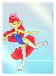 Size: 2672x3615 | Tagged: safe, artist:stratodraw, derpibooru import, apple bloom, anthro, earth pony, unguligrade anthro, g4, clothes, eyes closed, female, floppy ears, ice skates, ice skating, image, leotard, png, skates, standing, standing on one leg, tail, wind, windswept mane, windswept tail