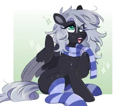 Size: 1956x1668 | Tagged: safe, artist:cheekipone, ponerpics import, oc, unofficial characters only, pegasus, pony, black coat, clothes, coat markings, eye clipping through hair, eyebrows visible through hair, female, floppy ears, freckles, gray mane, gray tail, hair over one eye, image, mare, open smile, partially open wings, passepartout, pegasus oc, pegasus wings, png, raised hoof, scarf, sitting, socks, solo, sparkles, striped scarf, striped socks, thigh highs, two toned wings, unshorn fetlocks, wings