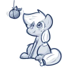 Size: 1172x1075 | Tagged: safe, artist:zutcha, derpibooru import, applejack, earth pony, pony, g4, :t, apple, cute, eye clipping through hair, eyes on the prize, female, food, hatless, herbivore, image, jackabetes, looking at something, looking up, mare, missing accessory, monochrome, png, simple background, solo, string, that pony sure does love apples, white background