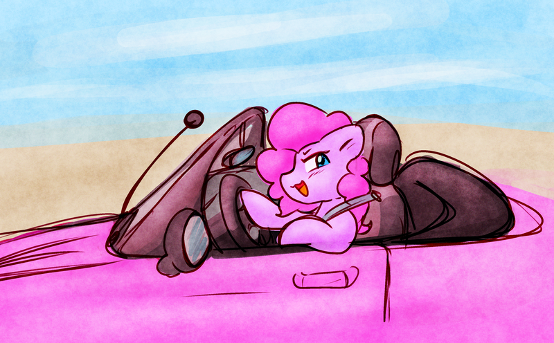 Size: 3269x2027 | Tagged: safe, artist:zutcha, derpibooru import, pinkie pie, earth pony, pony, g4, :3, car, convertible, driving, female, floppy ears, furrowed brow, high res, hoof hold, image, index get, lidded eyes, looking at you, mare, open mouth, open smile, png, ponies driving cars, smiling, smiling at you, smirk, solo