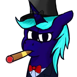 Size: 600x600 | Tagged: safe, artist:mikhil, derpibooru import, oc, oc:lazure sapphire, pony, unicorn, cigar, clothes, cylinder, hat, horn, image, male, png, simple background, solo, stallion, suit, transparent background, unicorn oc