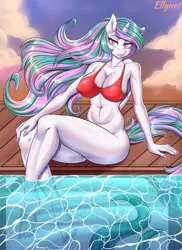 Size: 1445x1980 | Tagged: suggestive, artist:ellynet, ponerpics import, princess celestia, anthro, clothes, feet, female, image, jpeg, one-piece swimsuit, sitting, solo, swimming pool, swimsuit