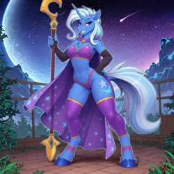 Size: 1024x1024 | Tagged: suggestive, ai content, machine learning generated, prompter:teaspoon, trixie, anthro, unguligrade anthro, unicorn, g4, bra, breasts, cape, chest fluff, clothes, female, fingerless gloves, gloves, grin, horn, image, lidded eyes, long gloves, looking at you, midriff, panties, png, shooting star, smiling, solo, solo female, staff, stars, stockings, thong, toeless stockings, underwear