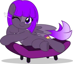 Size: 5000x4373 | Tagged: safe, alternate version, artist:jhayarr23, derpibooru import, oc, oc:violet flame, pegasus, pony, fallout equestria, alternate hairstyle, blaze (coat marking), coat markings, commission, commissioner:solar aura, couch, facial markings, fallout, female, gradient tail, head on hoof, image, mare, one eye closed, one eye open, pegasus oc, pegasus wings, png, tail, violet eyes, violet mane, violet tail, wing markings, wings, wink, your character here