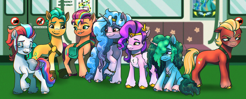 Size: 2313x936 | Tagged: safe, artist:byefella, derpibooru import, hitch trailblazer, izzy moonbow, pipp petals, sprout cloverleaf, sunny starscout, zipp storm, earth pony, pegasus, pony, unicorn, g5, alternate design, applejack (g5), chest fluff, female, fluttershy (g5), food, frown, grin, hair over one eye, horn, image, looking away, male, mane five, mane six (g5), mare, misty brightdawn, open mouth, open smile, pinkie pie (g5), png, rainbow dash (g5), rarity (g5), smiling, stallion, subway, twilight sparkle (g5)